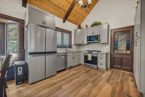 Kitchen featuring light hardwood / wood-style flooring, beamed ceiling, stainless steel appliances, tasteful backsplash, and wood ceiling