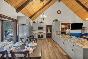 Kitchen with tasteful backsplash, beamed ceiling, stainless steel appliances, wood ceiling, and high vaulted ceiling