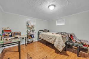 Bedroom featuring crown molding, a textured ceiling, and light wood-type flooring