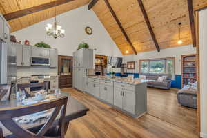 Kitchen with high vaulted ceiling, wooden ceiling, and appliances with stainless steel finishes