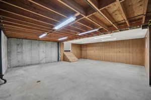 Basement featuring wood walls