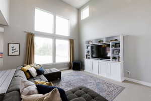 Carpeted living room with a towering ceiling