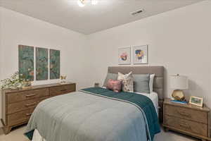 Carpeted bedroom with a textured ceiling