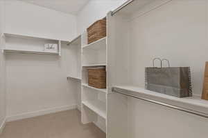 Walk in closet featuring light colored carpet