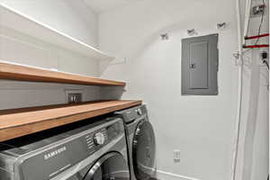 Laundry room with hookups for washing machine and electric dryer.