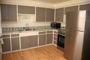 Kitchen with sink, gray cabinets, light wood-type flooring, and appliances with stainless steel finishes