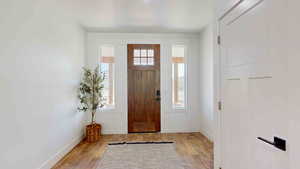 Foyer featuring plenty of natural light and light hardwood / wood-style floors