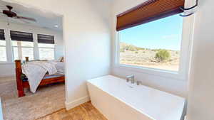 Bathroom with ceiling fan and hardwood / wood-style floors