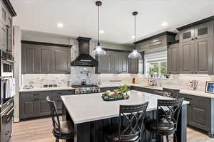 Kitchen featuring backsplash, light wood-type flooring, custom range hood, and pendant lighting