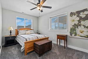 Bedroom featuring dark colored carpet, ceiling fan, and multiple windows