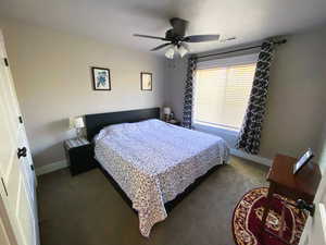 Carpeted bedroom with ceiling fan