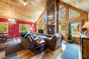 Living room featuring wooden ceiling, hardwood / wood-style floors, a healthy amount of sunlight, and high vaulted ceiling