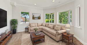 Living room featuring light colored carpet and ornamental molding