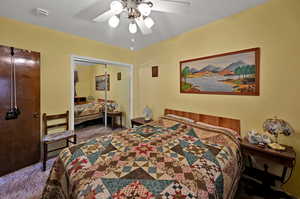 Bedroom featuring carpet, a closet, and ceiling fan