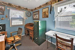 Carpeted office space with ceiling fan