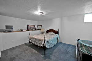 Bedroom featuring dark colored carpet and a textured ceiling