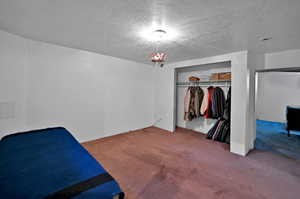 Carpeted bedroom with a textured ceiling and a closet