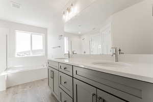 Bathroom featuring vanity, hardwood / wood-style flooring, and independent shower and bath