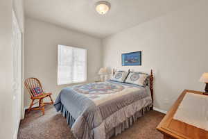 Carpeted bedroom featuring a closet