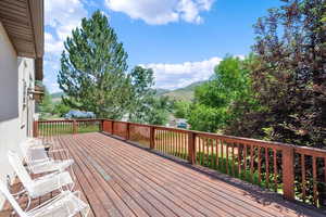 Redwood deck with a mountain view