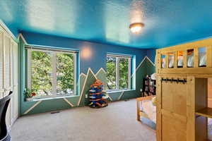 Carpeted bedroom featuring a textured ceiling and a closet