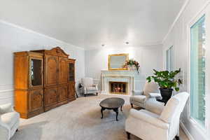 Living area featuring carpet flooring, a fireplace, and crown molding