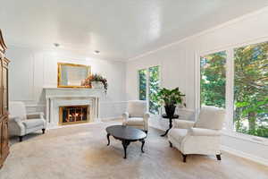 Sitting room with a fireplace, light carpet, and crown molding