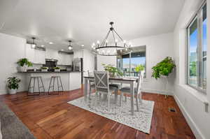 Dining room with a notable chandelier, a healthy amount of sunlight, and dark hardwood / wood-style floors