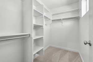 Walk in closet with light colored carpet