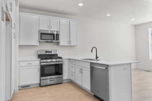 Kitchen with white cabinets, sink, appliances with stainless steel finishes, light hardwood / wood-style flooring, and kitchen peninsula