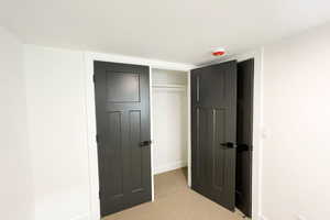 Interior space with a closet and light colored carpet