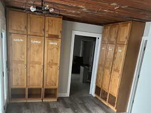 Mud Room with hardwood / wood-style floors and wood ceiling