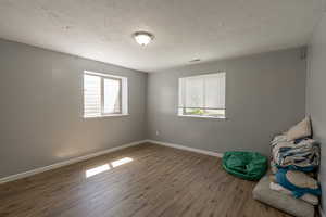 Interior space with wood-type flooring and a textured ceiling