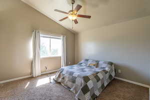 Bedroom featuring carpet floors, ceiling fan, and vaulted ceiling