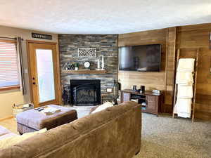 Living room featuring a stone fireplace, wood walls, carpet, and a textured ceiling