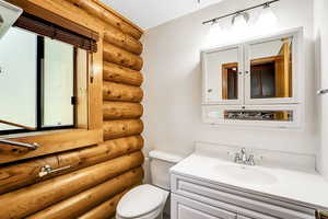 Bathroom with vanity, toilet, and log walls