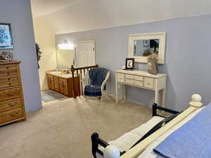 Primary Bedroom and bathroom featuring sink, carpet, and vaulted ceiling