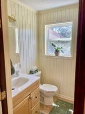 Bathroom with vanity, hardwood / wood-style flooring, a textured ceiling, toilet, and a wealth of natural light