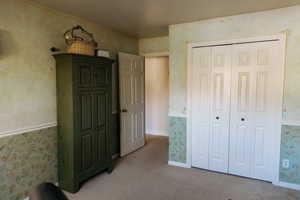 Carpeted bedroom with a closet