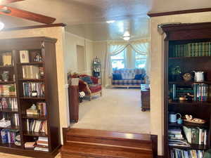 Steps up into living room carpet, ornamental molding, and a textured ceiling