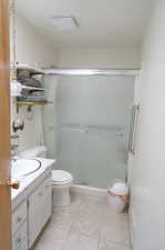 Bathroom featuring tile patterned flooring, toilet, vanity, and an enclosed shower