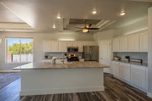 Kitchen with backsplash, a raised ceiling, dark hardwood / wood-style flooring, and appliances with stainless steel finishes