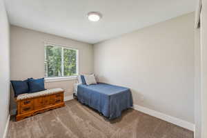 Bedroom with a textured ceiling and carpet flooring