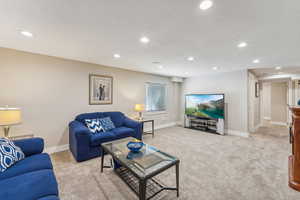 Carpeted living room with a textured ceiling