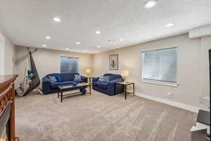 Carpeted living room with a textured ceiling