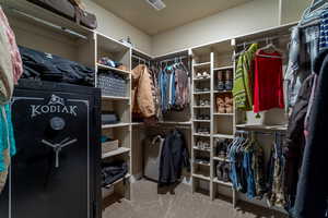 Walk in closet with light colored carpet