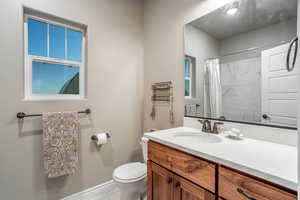 Bathroom with curtained shower, vanity, and toilet