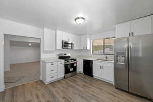 Kitchen featuring white cabinetry, stainless steel appliances, sink, carpet, and a textured ceiling