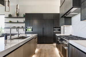 Kitchen featuring stainless steel appliances, a sink, light wood-style flooring, wall chimney range hood, and open shelves
