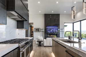 Kitchen with range with two ovens, a sink, light wood finished floors, a tiled fireplace, and modern cabinets